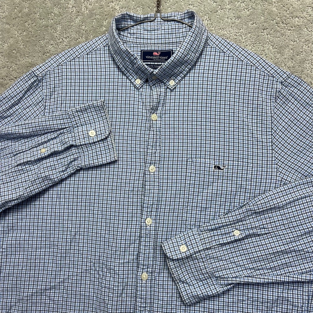 Vineyard Vines Tucker Shirt Mens L Blue White Check Gingham Slim Cotton Stretch
